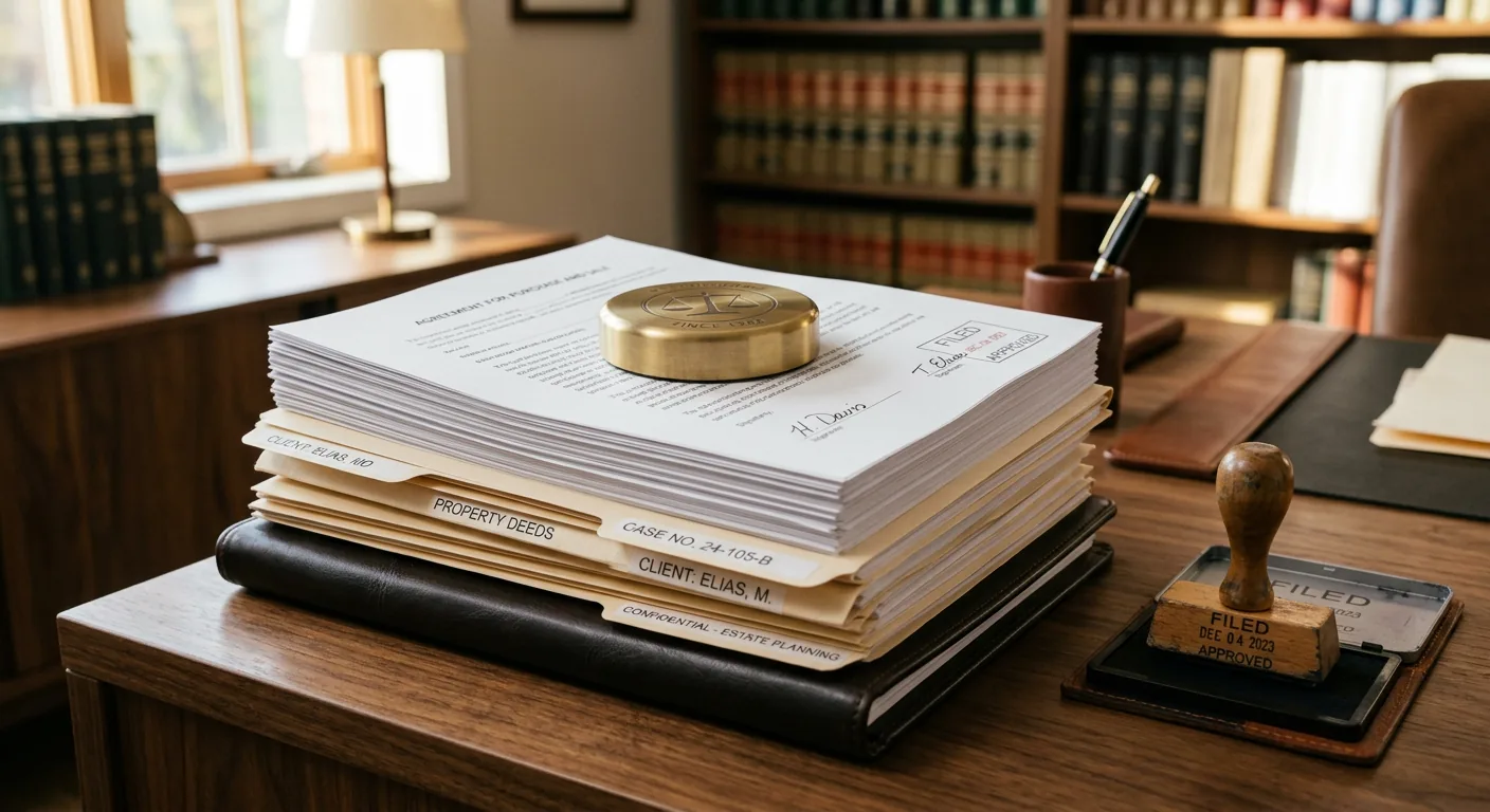 A tidy desk with legal documents, stamp papers and a fountain pen