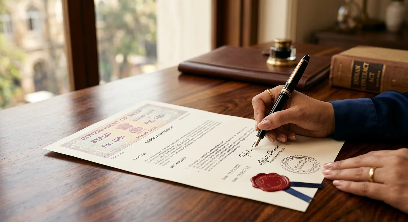 A fountain pen signing a legal agreement on stamp paper