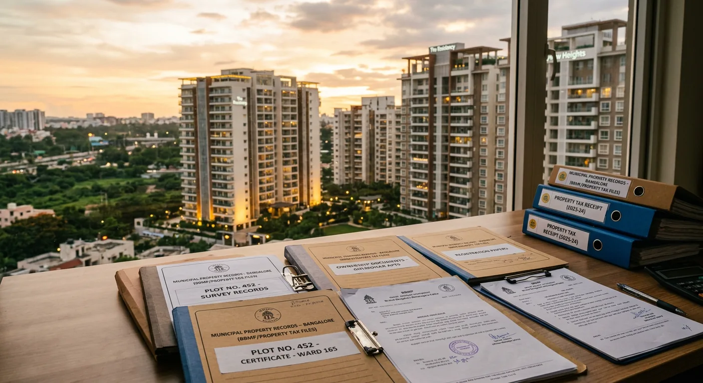 Residential apartment buildings in Bangalore with property files in the foreground